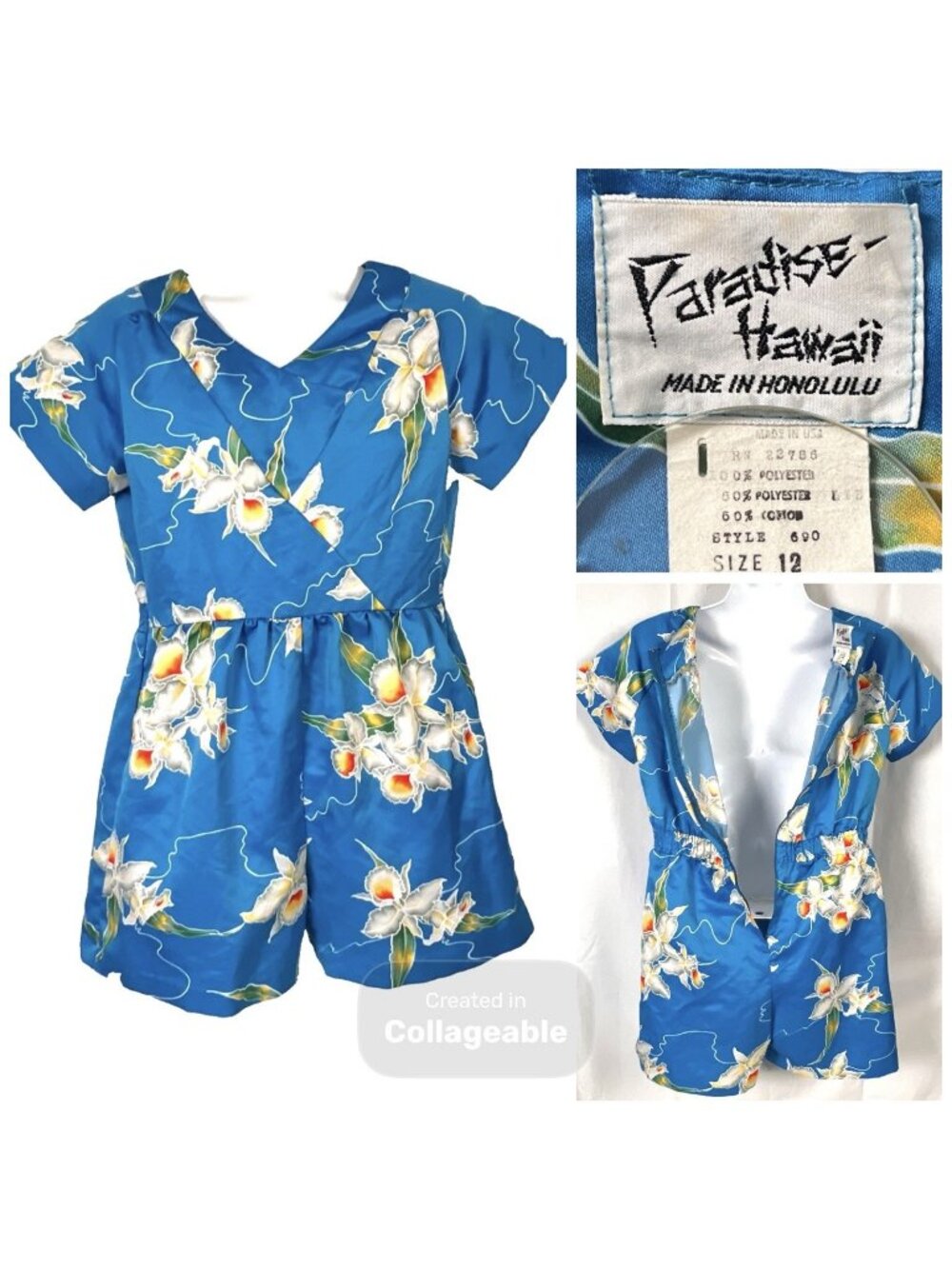 Paradise Hawaii Womens Vintage Romper size 12 Blue Tropical Floral Style 690